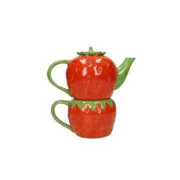 Ceainic cu ceasca 2in1, Brandani, Strawberry, 17x11x16 cm, dolomit, rosu