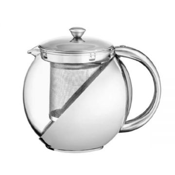 Ceainic cu infuzor, termorezistent, metal/sticla, argintiu, 750 ml