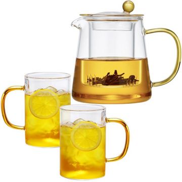 Set ceainic cu 2 cani, Quasar & Co.®, recipiente pentru ceai/cafea, 700 ml/2x300 ml, sticla borosilicata, transparent