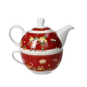Set ceainic cu ceasca, Elfomagia Red, Brandani, 11x15x13 cm, portelan New Bone China